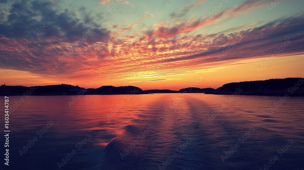 Obraz premium Sunset over a calm lake, dramatic clouds