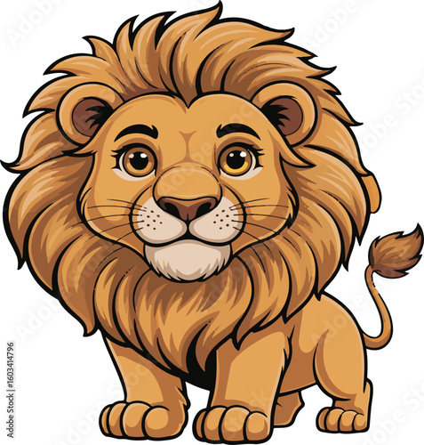 Cute cartoon lion with a large mane standing proudly on a white background