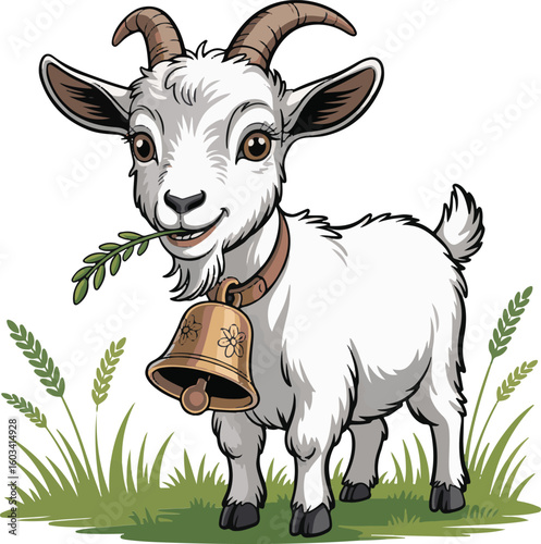 Adorable cartoon goat with bell and greenery smiling in a colorful illustration