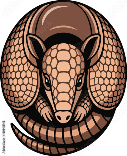 Stylized cartoon illustration of an armadillo in a round or oval protective position