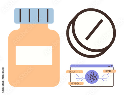 Medicine bottle, large tablet, and digital interface with atom icon symbolizing molecular research, healthcare innovation, pharmaceutical development. Ideal for medical technology, science