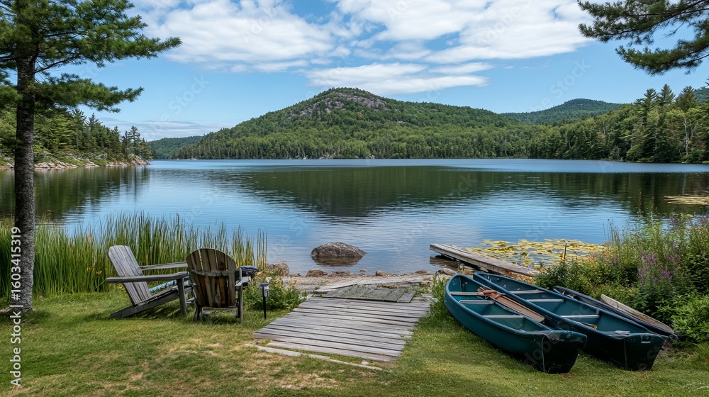Obraz premium Serene lakefront scene with wooden dock and chairs
