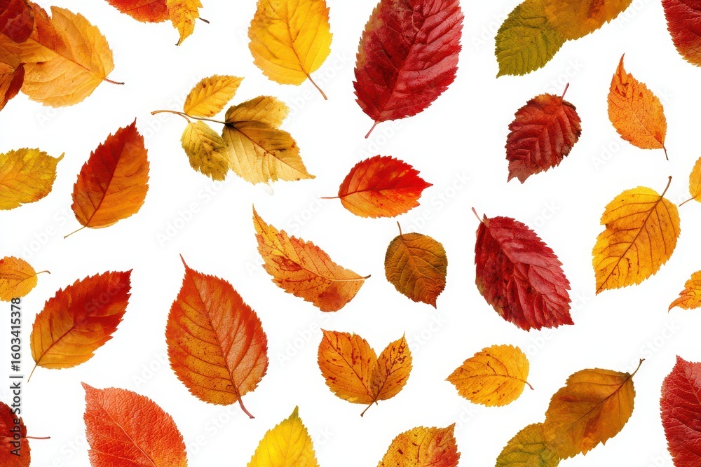 Obraz premium Autumn leaves scattered on a white background for seasonal design use