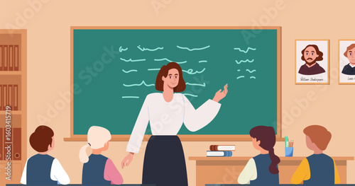 Literature lesson. Classroom with students and teacher. Classroom interior. Children listen to teacher. Literary academic course. Education vector illustration.