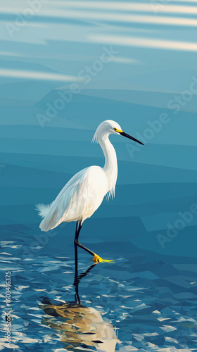 Snowy egret in a lake vertical with copy space