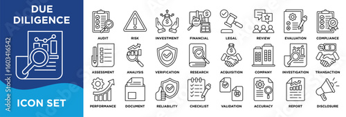 DUE DILIGENCE icon collection set. Containing audit,compliance,risk,assessment,investment,financial,legal,review,evaluation,investigation icon. Simple line vector.	
