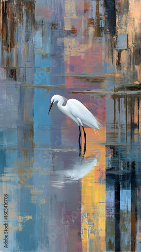 Snowy egret in lake vertical painting