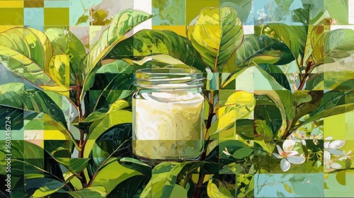 Still Life with Mason Jar and Lush Foliage