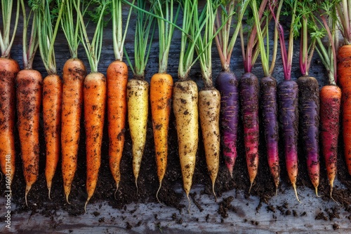 Fresh colorful carrots in a row, growing in rich soil, use cooking, gardening