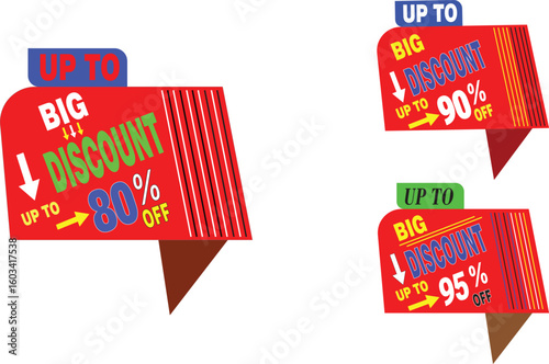 Big discount  80,90 and 95 percent off label design vector in red yellow style for online shopping banner