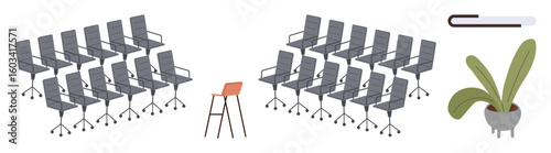 Rows of modern office chairs flank a unique red chair, paired with a lamp and potted plant. Ideal for workplace diversity, creativity, individuality, office design, teamwork, leadership, simple flat