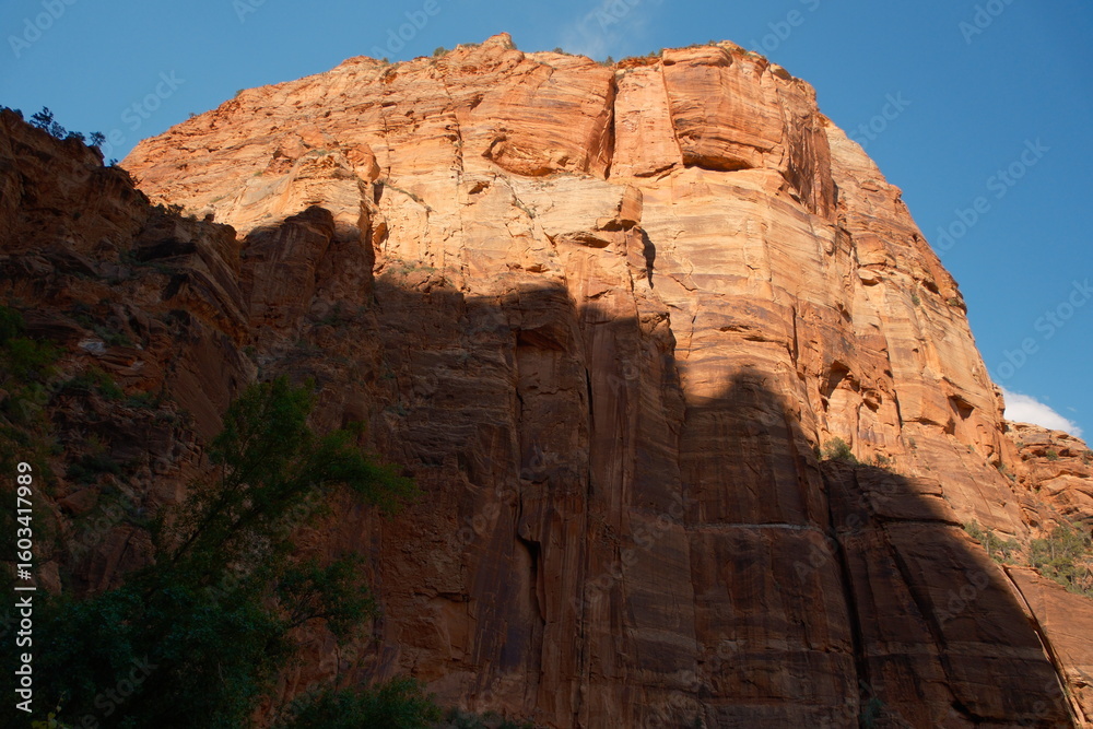 Obraz premium Huge red cliff partially shadowed and partially basked in sunlight with blue skies at zion national park utah in summer time