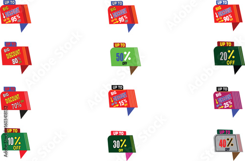 Multi-color discount tag set vector design with up to 95 percent off labels for flash sales