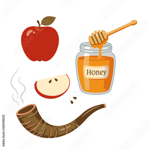 Rosh Hashanah Apple, Honey, and Shofar Vector illustration, isolated on white background