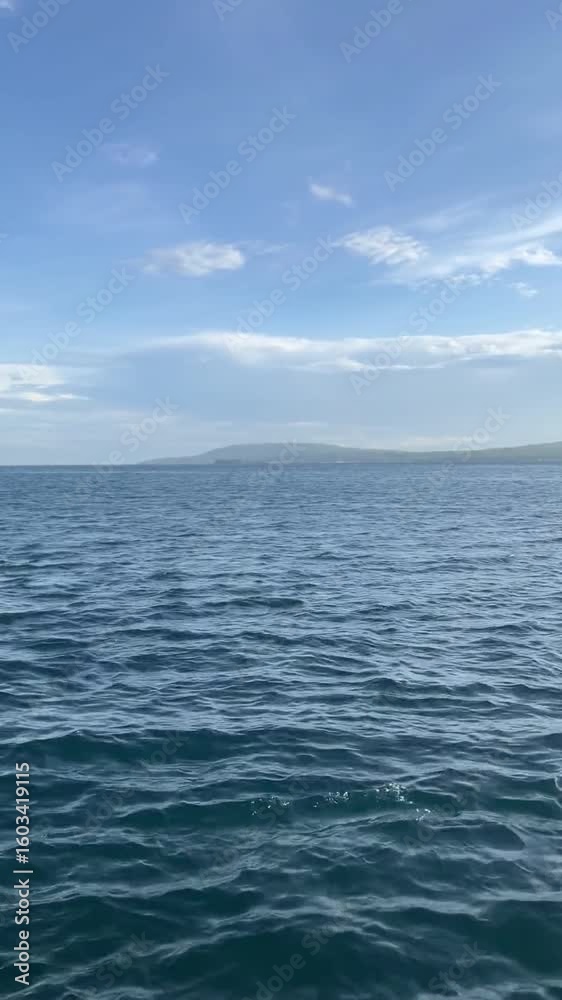 Vast blue ocean, rippling waves, distant land, and bright sky with clouds.