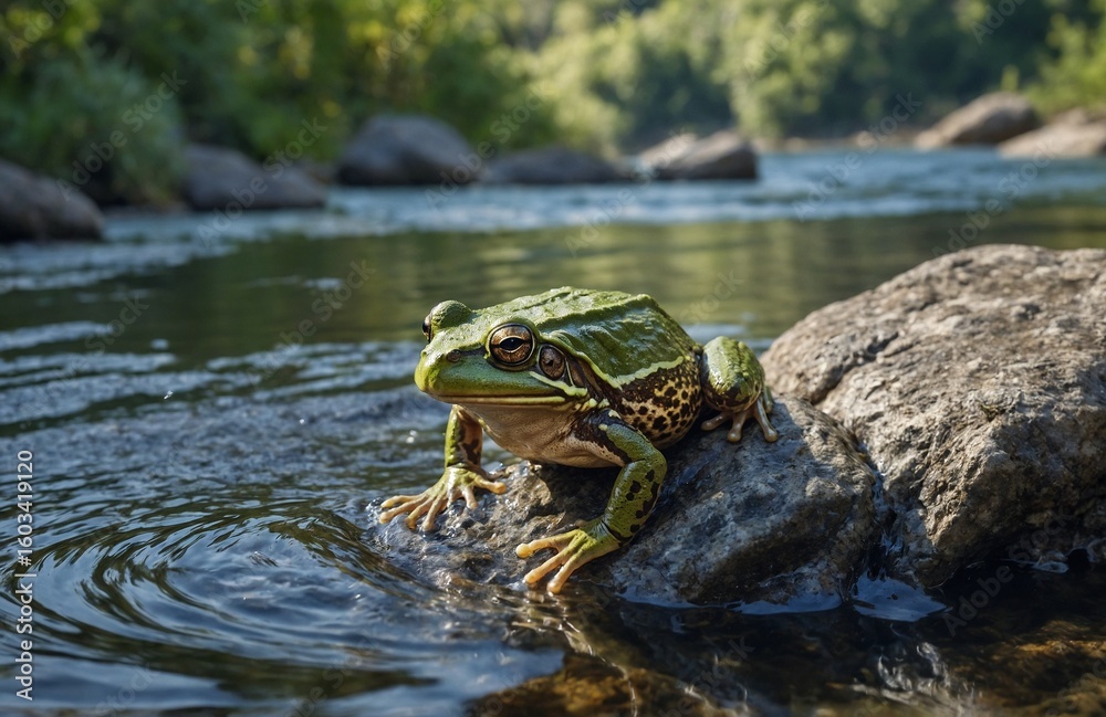 Fototapeta premium Curious frog sitting peacefully in clear stream surrounded by river rocks