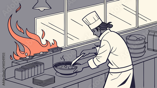 Chef cooking fire kitchen restaurant professional culinary art food service industry gastronomy preparation