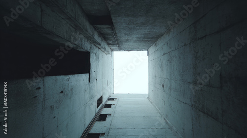 Narrow Concrete Passageway with Textured Walls and Gray Sky
