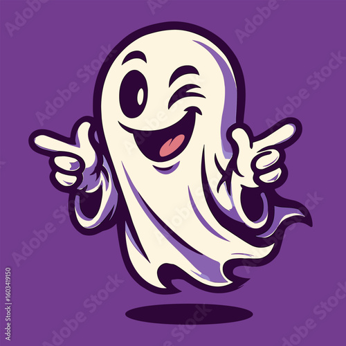 A scary-cute ghost floats playfully above the ground, winking and flashing finger guns. Its funky, expressive style pops against a bold purple background—equal parts stylish and spooky.