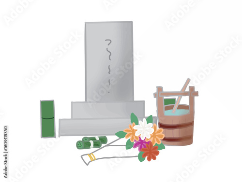 Illustration of a landscape with a gravestone, a bouquet of flowers, and incense