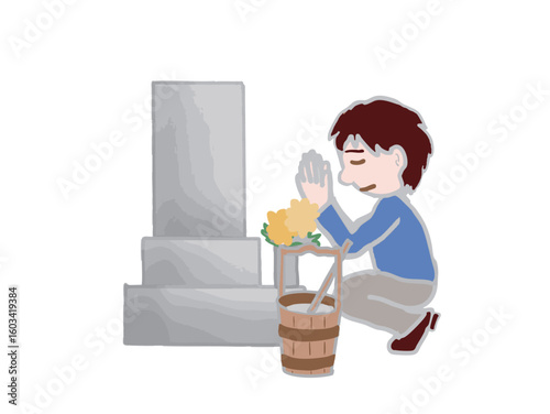 Illustration of a side view of a man praying in front of a gravestone