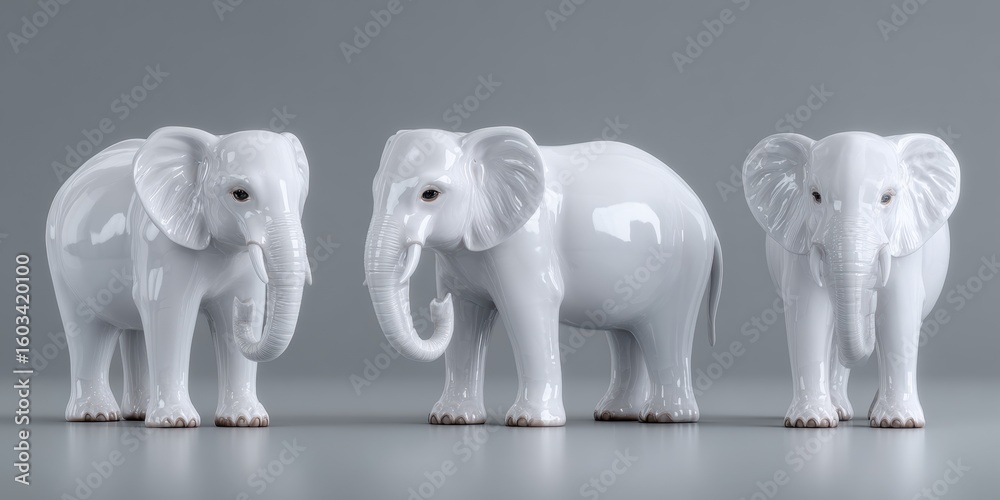 Three pristine porcelain elephants stand in perfect alignment, their elegant forms captured in a professional studio shot, set against a soft backdrop. Three pristine porcelain elephants stand in perfect alignment, their elegant forms captured in a professional studio shot, set against a soft backdrop.