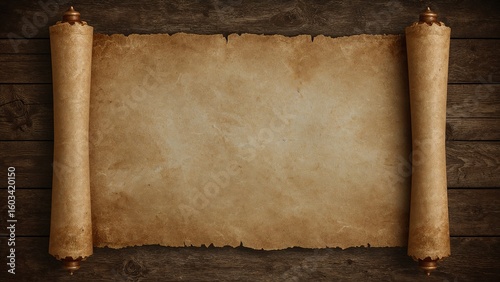 Ancient scroll on weathered parchment with medieval border, set on rustic wood. Dramatic lighting, aged textures, warm tones, fantasy vibe. Perfect for historical or RPG-themed content