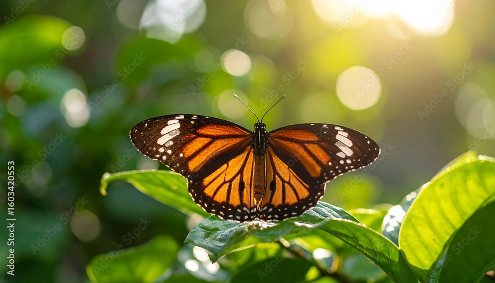 Naklejka premium Butterfly on a leaf bathed in sunlight