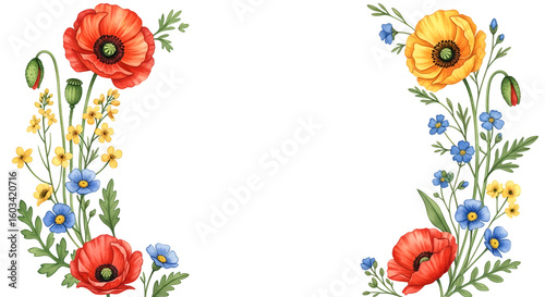 Watercolor Wildflower Border with Red Poppies, Yellow, and Blue Field Flowers