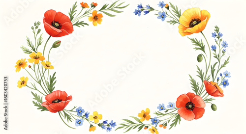 Watercolor Wildflower Oval Wreath with Poppies, Yellow and Blue Meadow Flowers