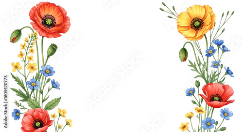 Watercolor Wildflower Border with Red Poppies, Yellow, and Blue Field Flowers