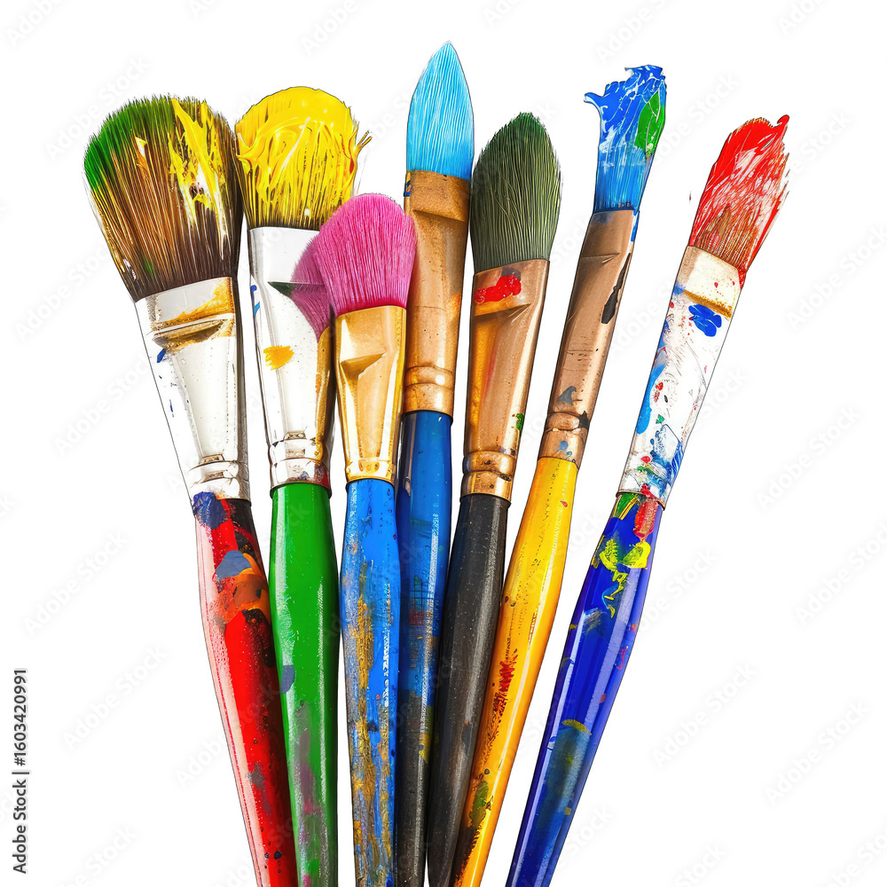 Obraz premium A cluster of colorful paintbrushes, various shapes and sizes, with visible paint residue