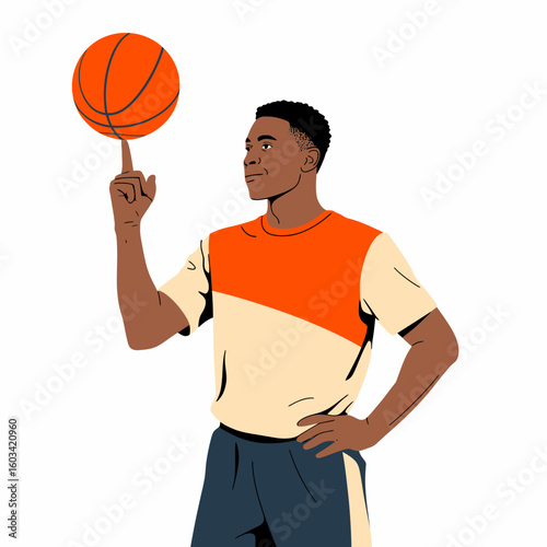 A focused young man skillfully balances a basketball on his finger while wearing a sporty outfit, embodying athleticism and concentration in the sport.