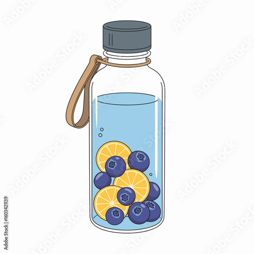 A vibrant water bottle featuring fresh blueberries and citrus slices, promoting healthy hydration and the refreshing flavor of infused drinks for a nutritious lifestyle.