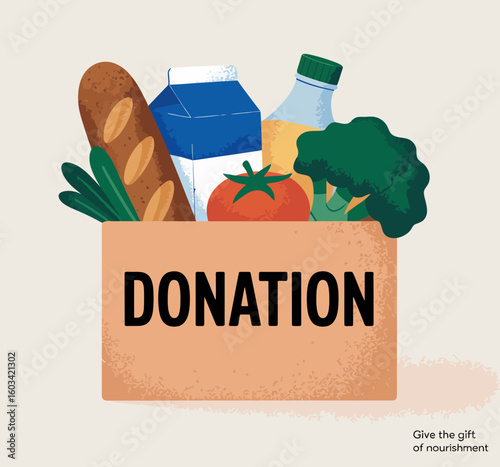 A vibrant donation box overflowing with nutritious food items, emphasizing the importance of generosity and support in providing nourishment for those in need.