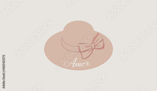 This delightful image features a stylish sun hat adorned with a bow and labeled 'Amor', perfect for fashion enthusiasts looking for summer accessories or romantic gifts.