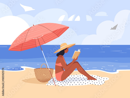 A woman enjoys a peaceful day at the beach, lounging under a large umbrella while reading her favorite book, capturing the essence of relaxation and fun in summer.