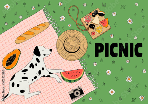 A playful Dalmatian dog enjoys a colorful picnic, lying on a checkered blanket surrounded by tasty snacks, fruits, and a camera, epitomizing leisure and joy.