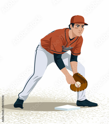 A focused baseball player in an orange uniform is readying himself to make a play, showcasing determination and skill on the diamond. The atmosphere is charged with excitement.