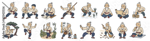Cartoon Martial Arts Master Character Set Performing Various Activities in Traditional Asian Style. The Kung Fu Teacher.