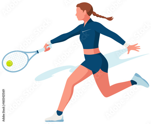 A dynamic digital illustration of a female tennis player mid-swing, epitomizing athleticism, determination, and the spirit of competition in the world of sports.