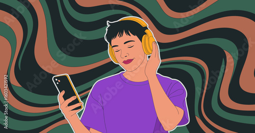 A young individual enjoys their music while scrolling on a smartphone, wearing stylish headphones and lost in rhythm, immersed in a world of sounds and emotions.