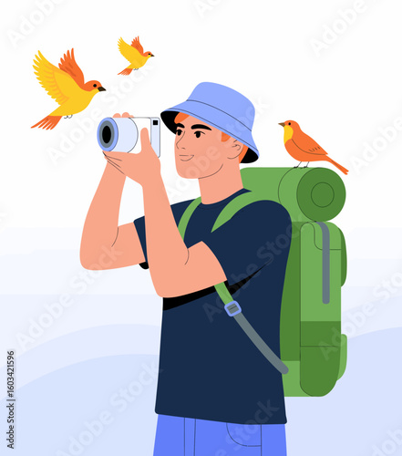 An inspiring scene of a young photographer in nature capturing the beauty around him, with birds joyfully fluttering nearby, symbolizing exploration and creativity in the wild.