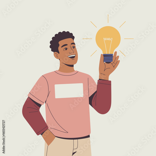 An uplifting illustration shows a young man confidently holding a light bulb, symbolizing innovation, inspiration, and ideas; perfect for motivational and creative themes.