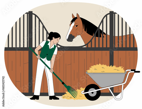 In this image, a caregiver is seen cleaning a horse stable, demonstrating the dedication and relationship between humans and animals in caring environments.