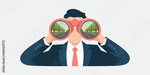 An insightful illustration of a businessman looking through binoculars, symbolizing vision and foresight, ideal for concepts surrounding ambition and future planning.