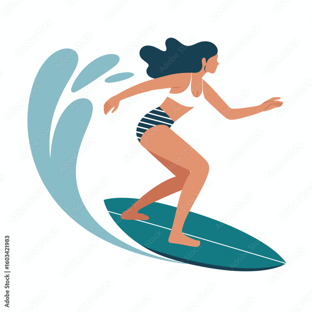 A dynamic illustration of a female surfer skillfully riding a wave on her surfboard, showcasing the thrill and excitement of surfing in a vibrant beach setting. A dynamic illustration of a female surfer skillfully riding a wave on her surfboard, showcasing the thrill and excitement of surfing in a vibrant beach setting.