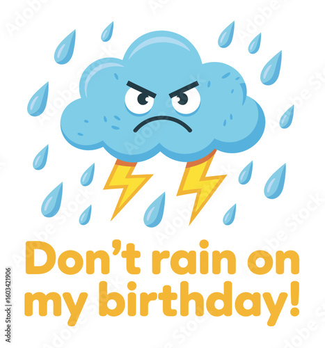 This image features a cartoonish angry cloud with rain and lightning, expressing the sentiment of wanting good weather on one's birthday to celebrate joyfully.