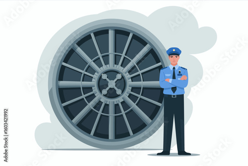 This image showcases a professional security officer standing confidently next to a large wheel, symbolizing safety and vigilance in a modern environment.