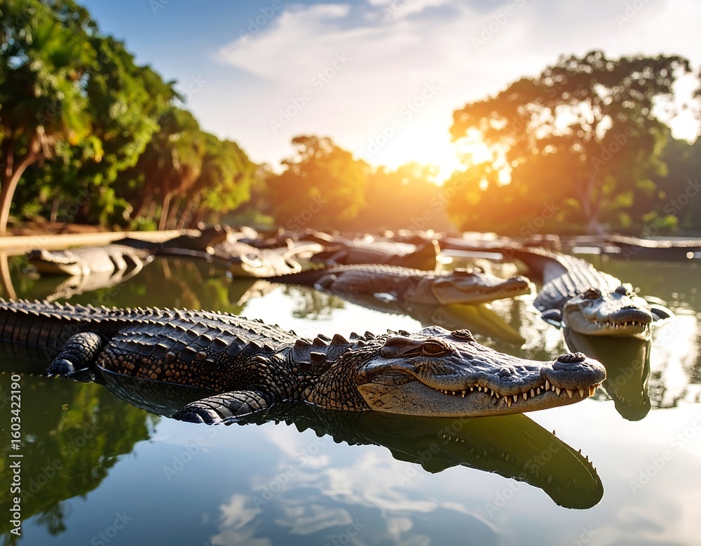 Fototapeta premium Crocodiles basking in a sunlit pond